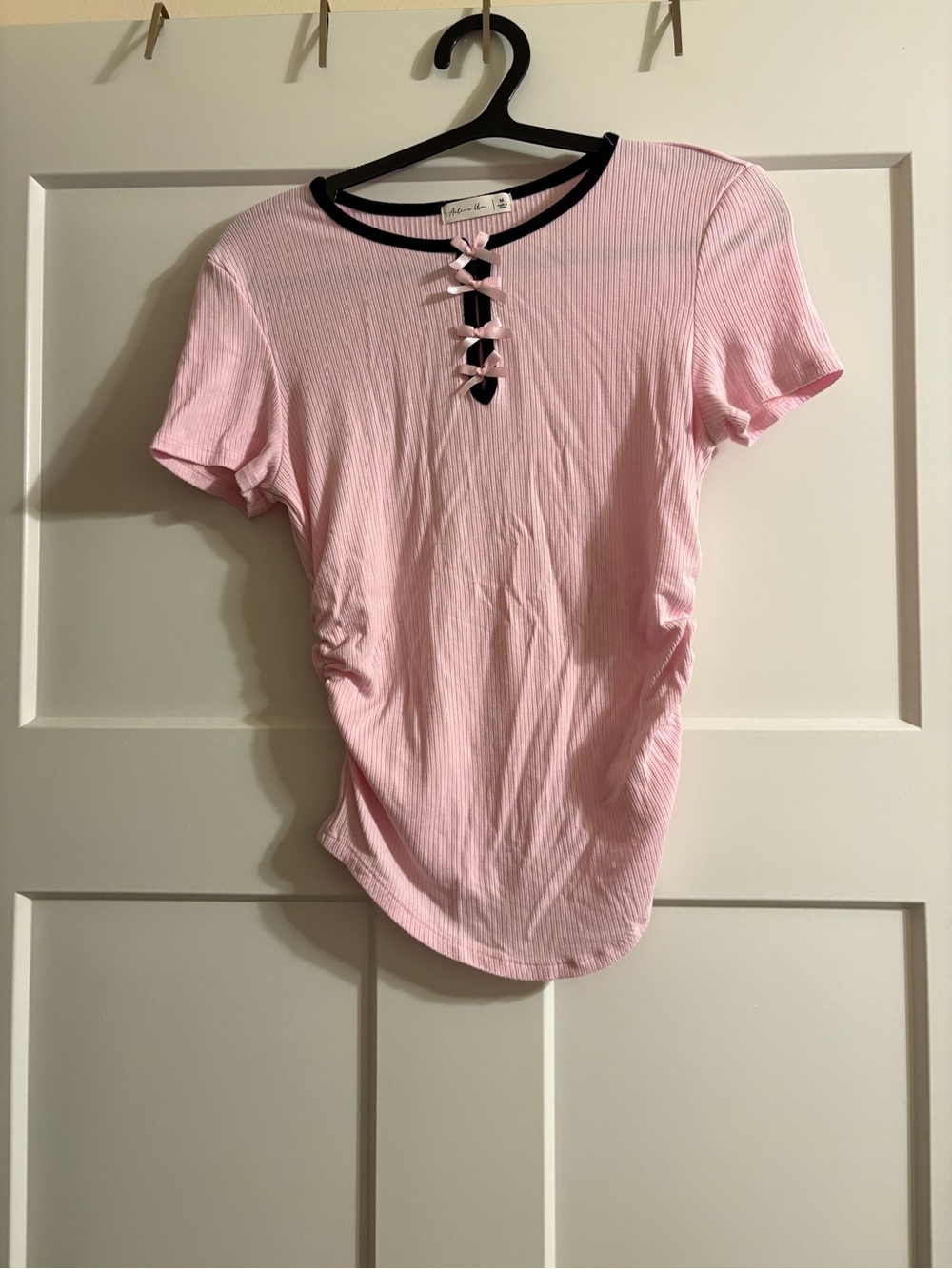 Active USA Pink Ribbed Short Sleeve Top with Black Trim